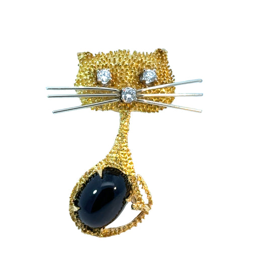 18K Yellow Gold Diamond & Onyx Whimsical Cat Brooch