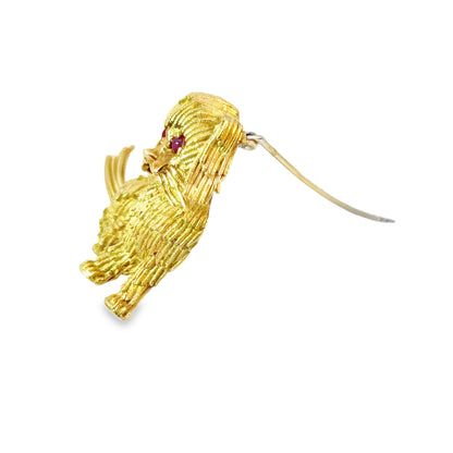 18K Yellow Gold & Ruby Whimsical Dog Brooch