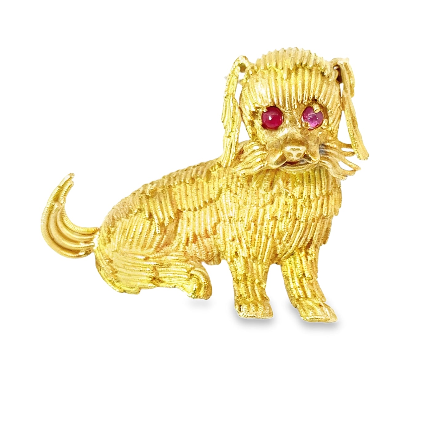 18K Yellow Gold & Ruby Whimsical Dog Brooch