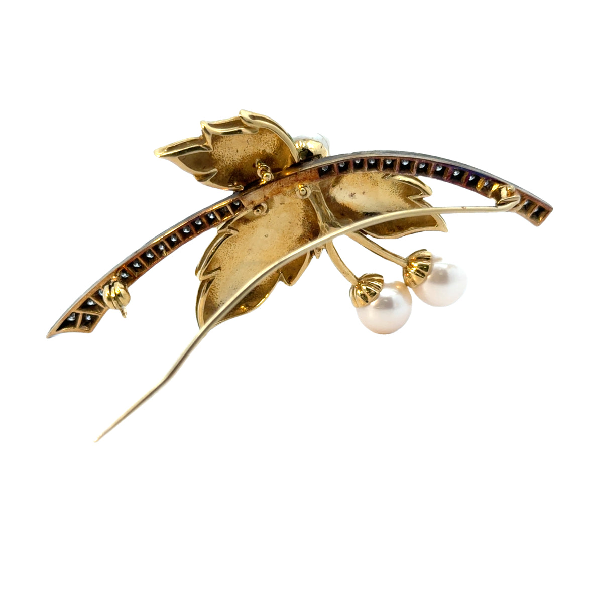 Lovely 18K Yellow Gold Pearl, Diamond & Enamel Leaf & Ladybug Brooch