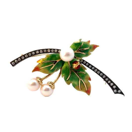 Lovely 18K Yellow Gold Pearl, Diamond & Enamel Leaf & Ladybug Brooch