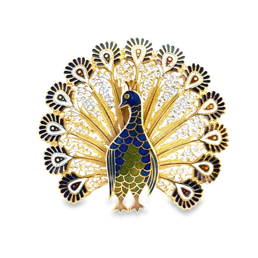 18K Filigree Yellow Gold & Enamel Peacock Brooch