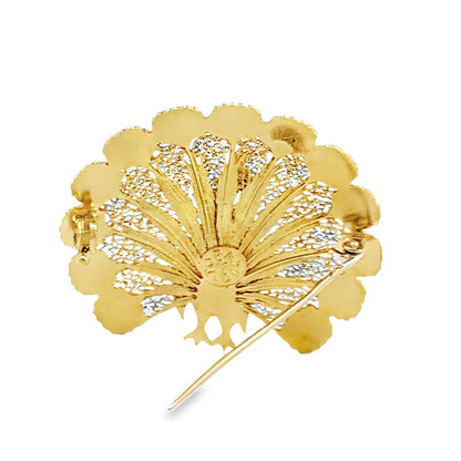 18K Filigree Yellow Gold & Enamel Peacock Brooch