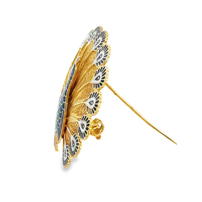 18K Filigree Yellow Gold & Enamel Peacock Brooch