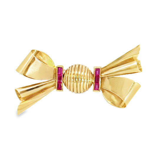 Retro 18K Rose Gold & Ruby Bow Brooch