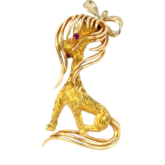 Charming 18K Yellow Gold & Ruby Dog Brooch