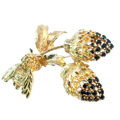 14K Yellow Gold & Sapphire Bee & Berries Brooch