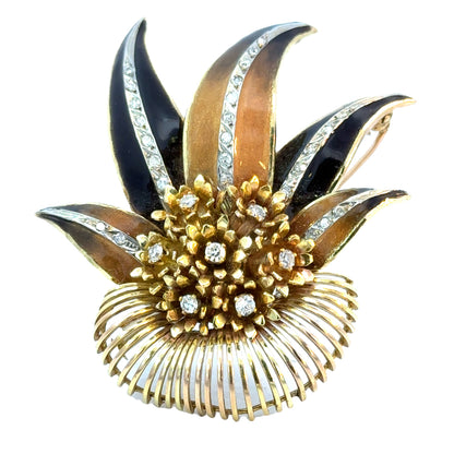 18K Yellow Gold Floral Bouquet Diamond & Enamel Brooch