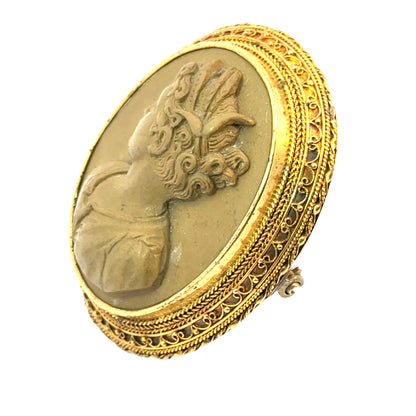 18K Yellow Gold Antique Lava Rock Cameo Brooch