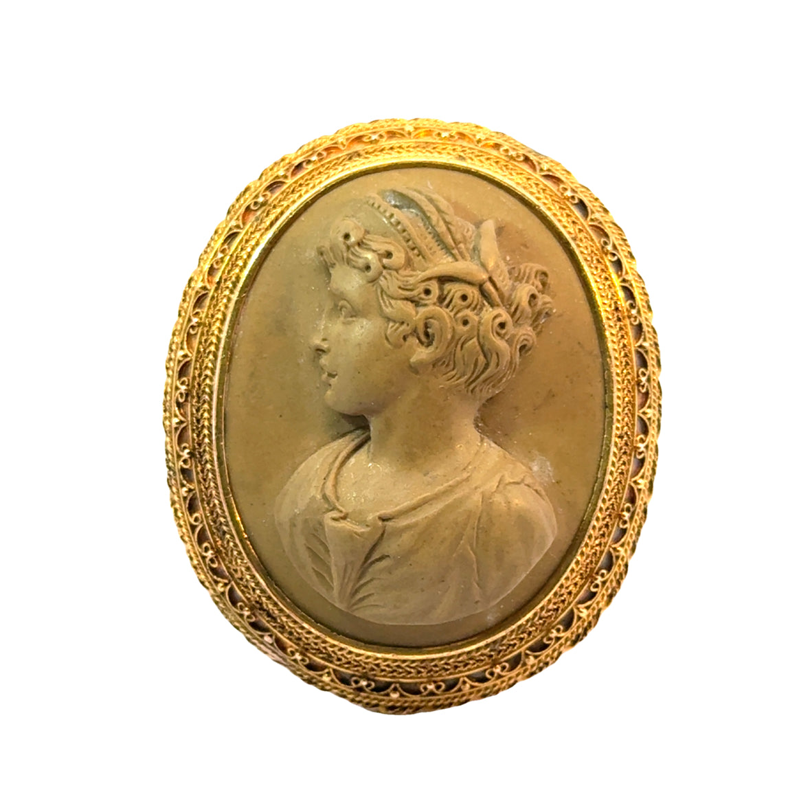 18K Yellow Gold Antique Lava Rock Cameo Brooch