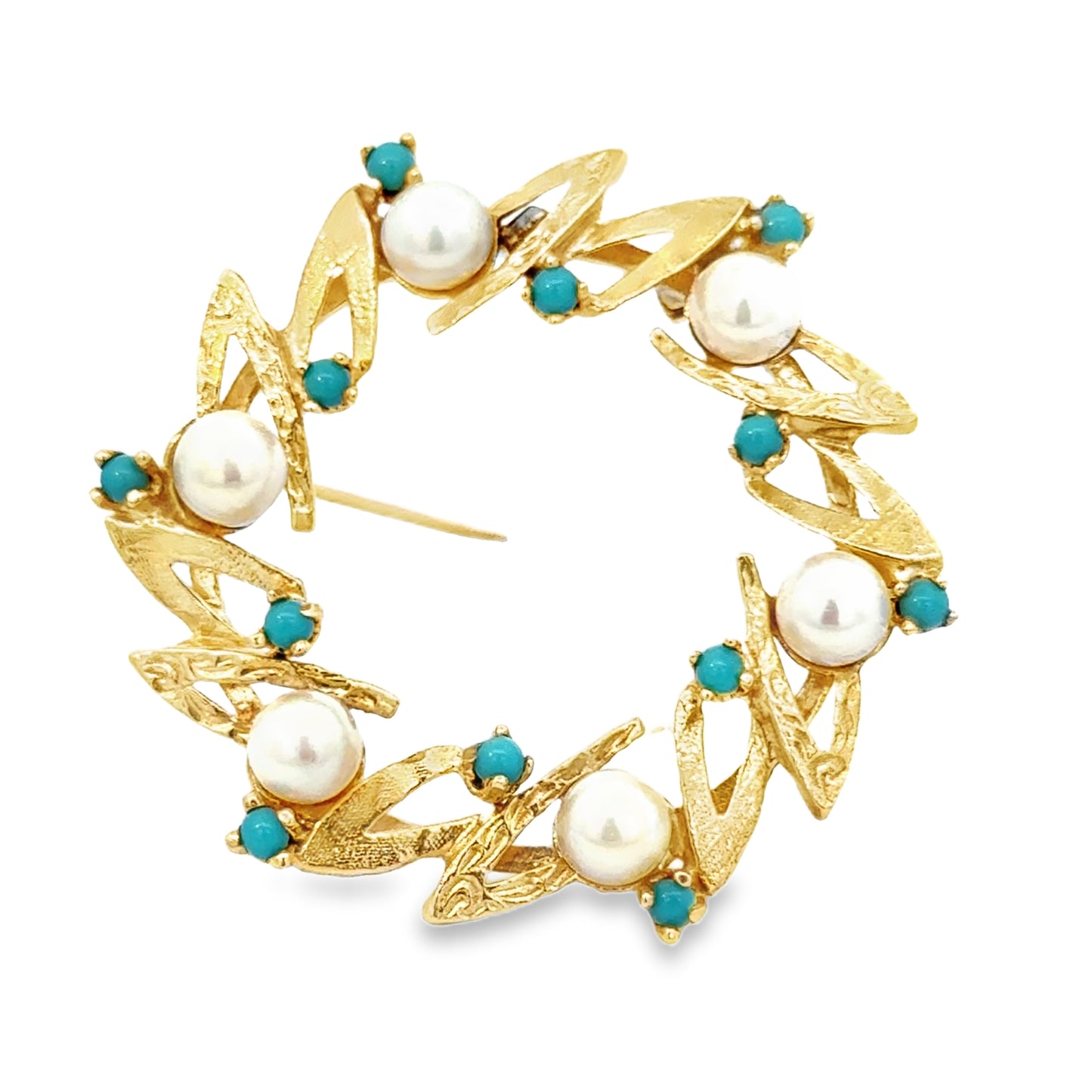 14K Yellow Gold Pearl & Turquoise Wreath Brooch