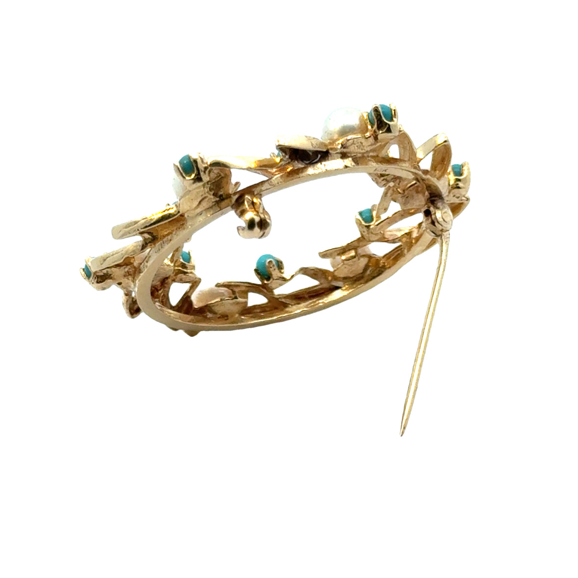 14K Yellow Gold Pearl & Turquoise Wreath Brooch