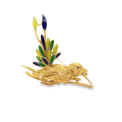 Vintage 18K Goldbird with Enamel Green Feathers Brooch