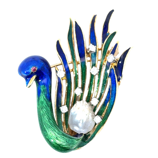 Elegant 18K Pearl, Diamond & Enamel Swan Brooch