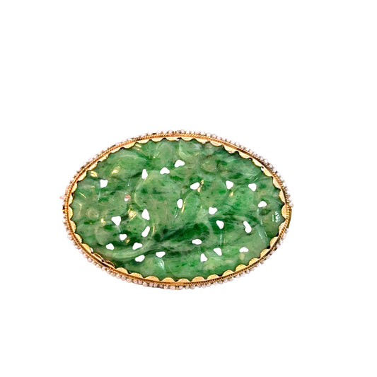 14K Yellow Gold Antique 1930’s Carved Jade & Seed Pearl Brooch