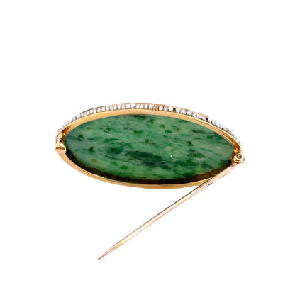 14K Yellow Gold Antique 1930’s Carved Jade & Seed Pearl Brooch