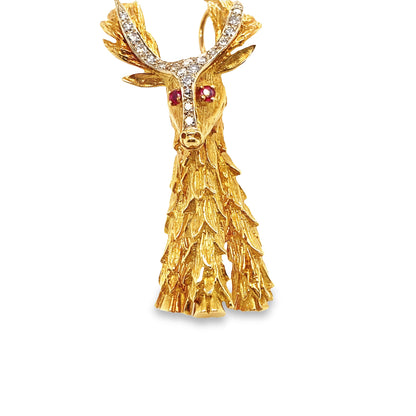 Vintage 18K Diamond and Ruby Gold Deer Brooch