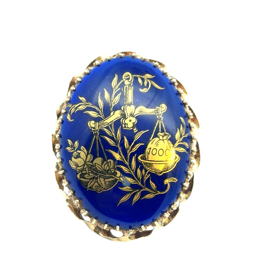 1930s Blue Enamel & Porcelain Pendant/Brooch in 14K Yellow Gold