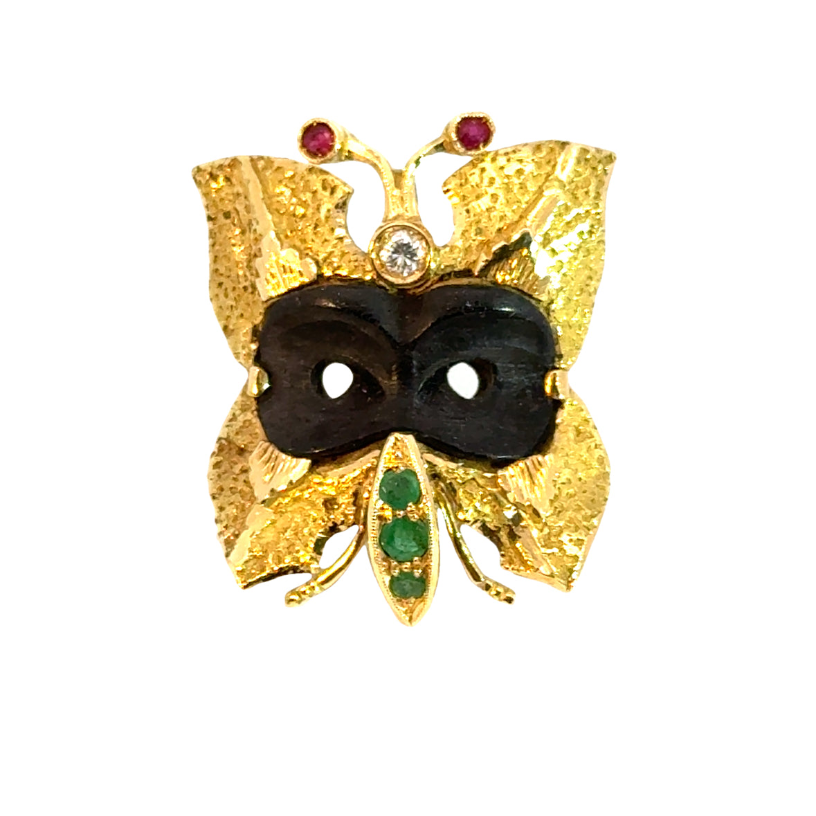 18K Yellow Gold Onyx, Emerald, Ruby & Diamond Butterfly Brooch/Pendant