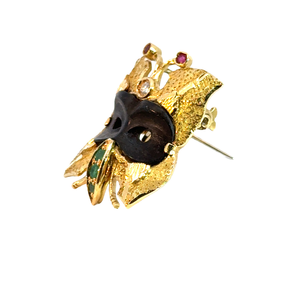 18K Yellow Gold Onyx, Emerald, Ruby & Diamond Butterfly Brooch/Pendant