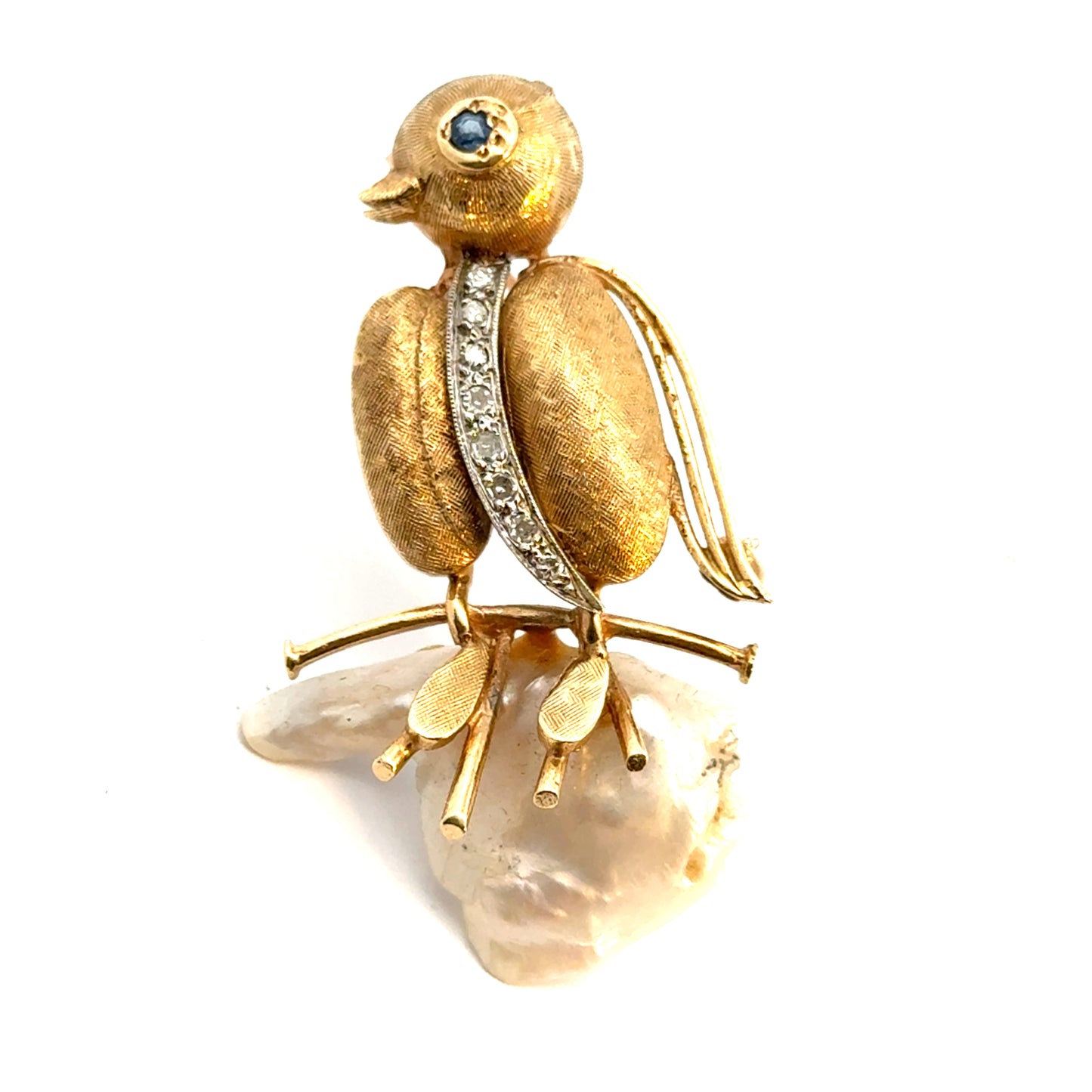 18K Yellow Gold Diamonds & Pearl Bird Brooch