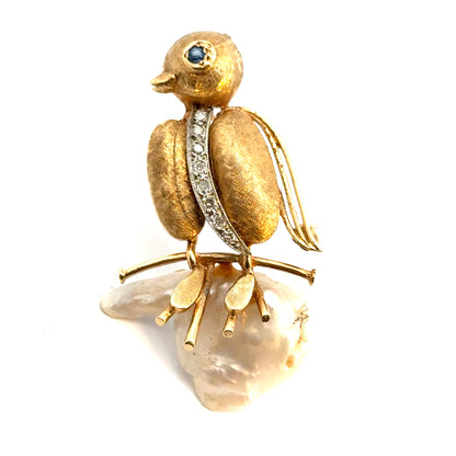 18K Yellow Gold Diamonds & Pearl Bird Brooch