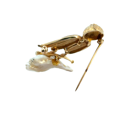 18K Yellow Gold Diamonds & Pearl Bird Brooch