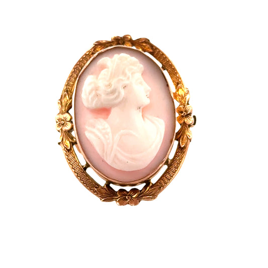Antique Yellow Gold Pink Shell Cameo Brooch