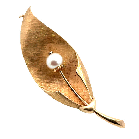 18K Yellow Gold & Pearl Calla Lily Brooch