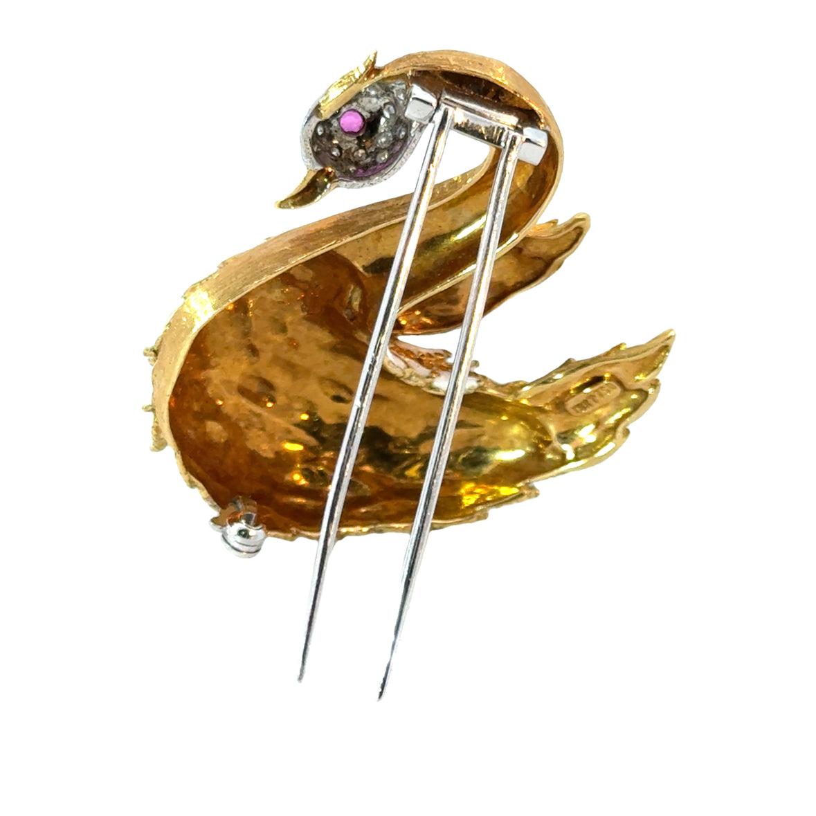 Graceful 18K Diamond, Ruby & Enamel Swan Brooch