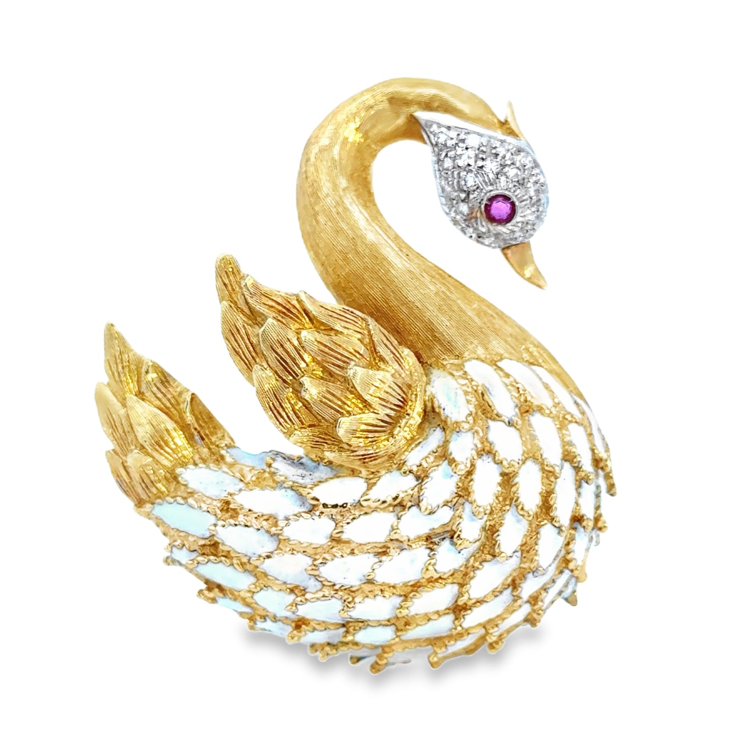 Graceful 18K Diamond, Ruby & Enamel Swan Brooch