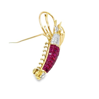 18K Yellow Gold Ruby & Diamond Playful Lobster Brooch