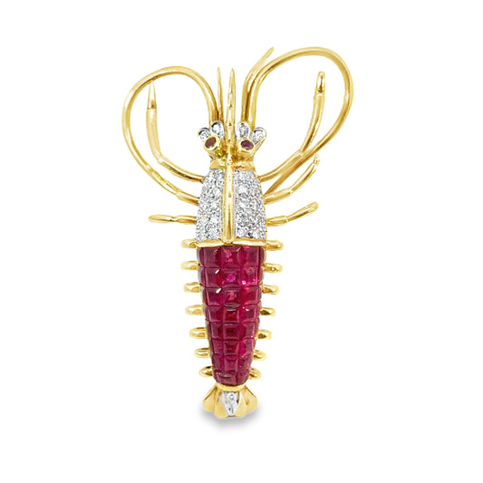 18K Yellow Gold Ruby & Diamond Playful Lobster Brooch