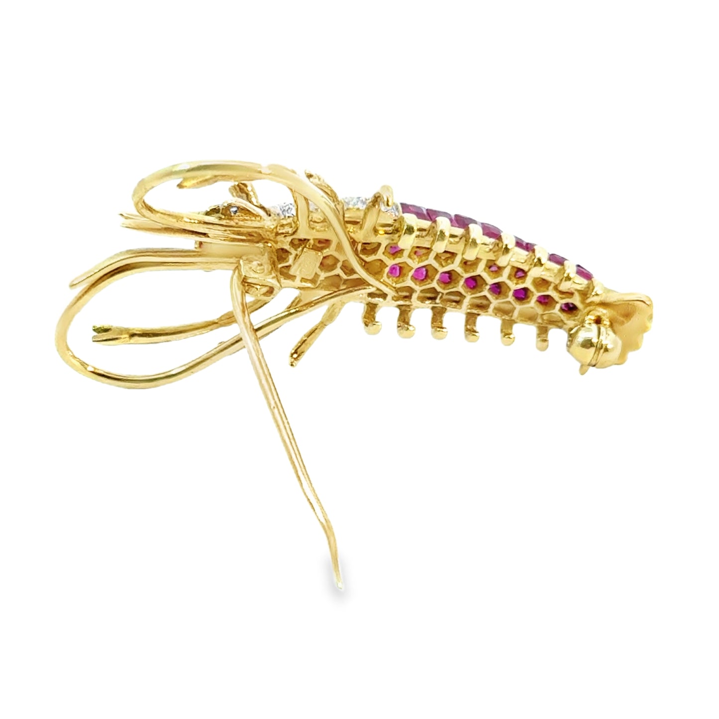 18K Yellow Gold Ruby & Diamond Playful Lobster Brooch