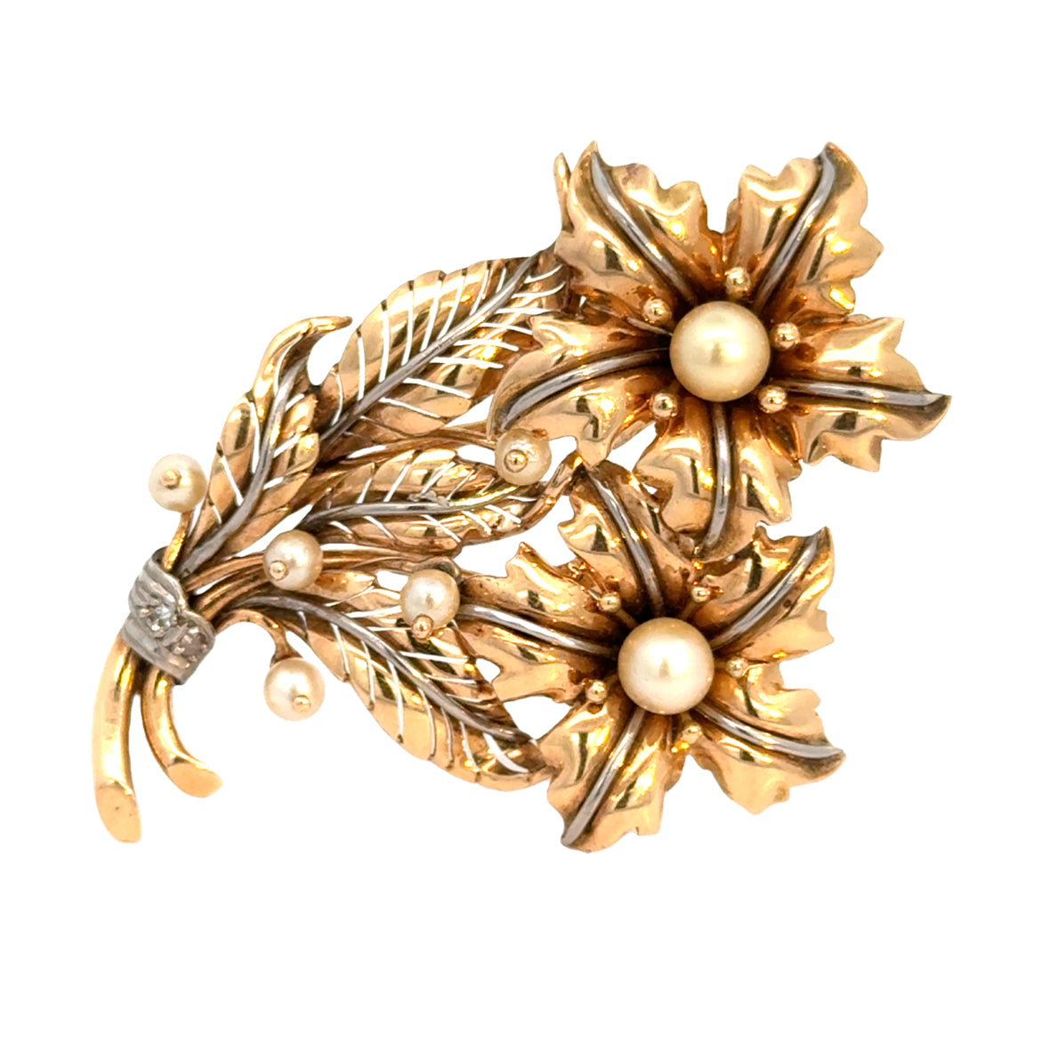 Lovely 18K Yellow Gold Pearl & Diamond Bouquet Brooch