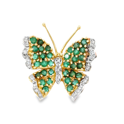 14K Yellow Gold Emerald & Diamond Mid-Century Butterfly Brooch