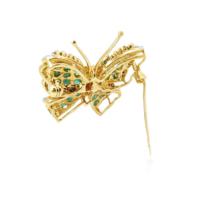 14K Yellow Gold Emerald & Diamond Mid-Century Butterfly Brooch