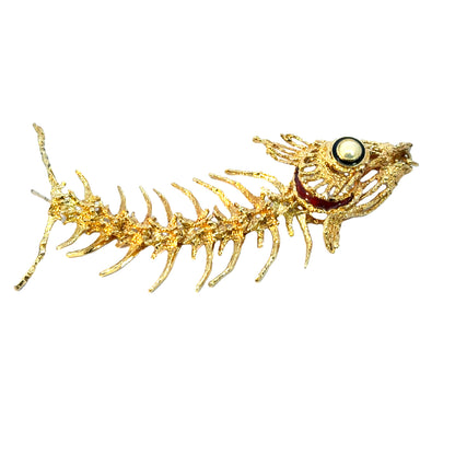 18K Yellow Gold & Enamel Whimsical Fish Skeleton Brooch/Pendant