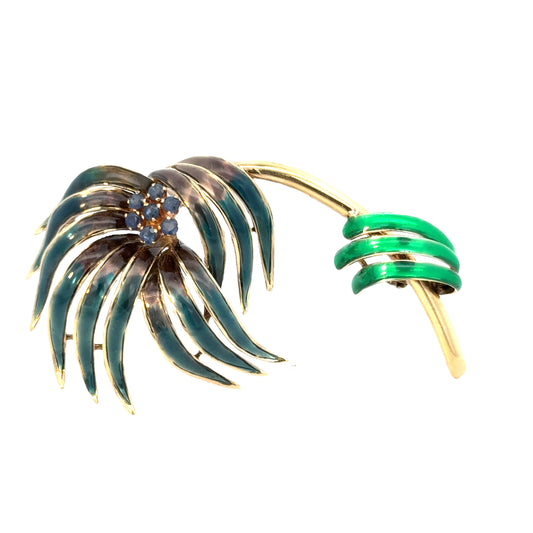 14K Yellow Gold Sapphire & Enamel Tropical Leaves Brooch