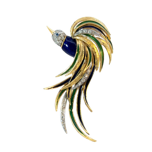 18K Yellow Gold Diamond & Enamel Flowing Bird Brooch