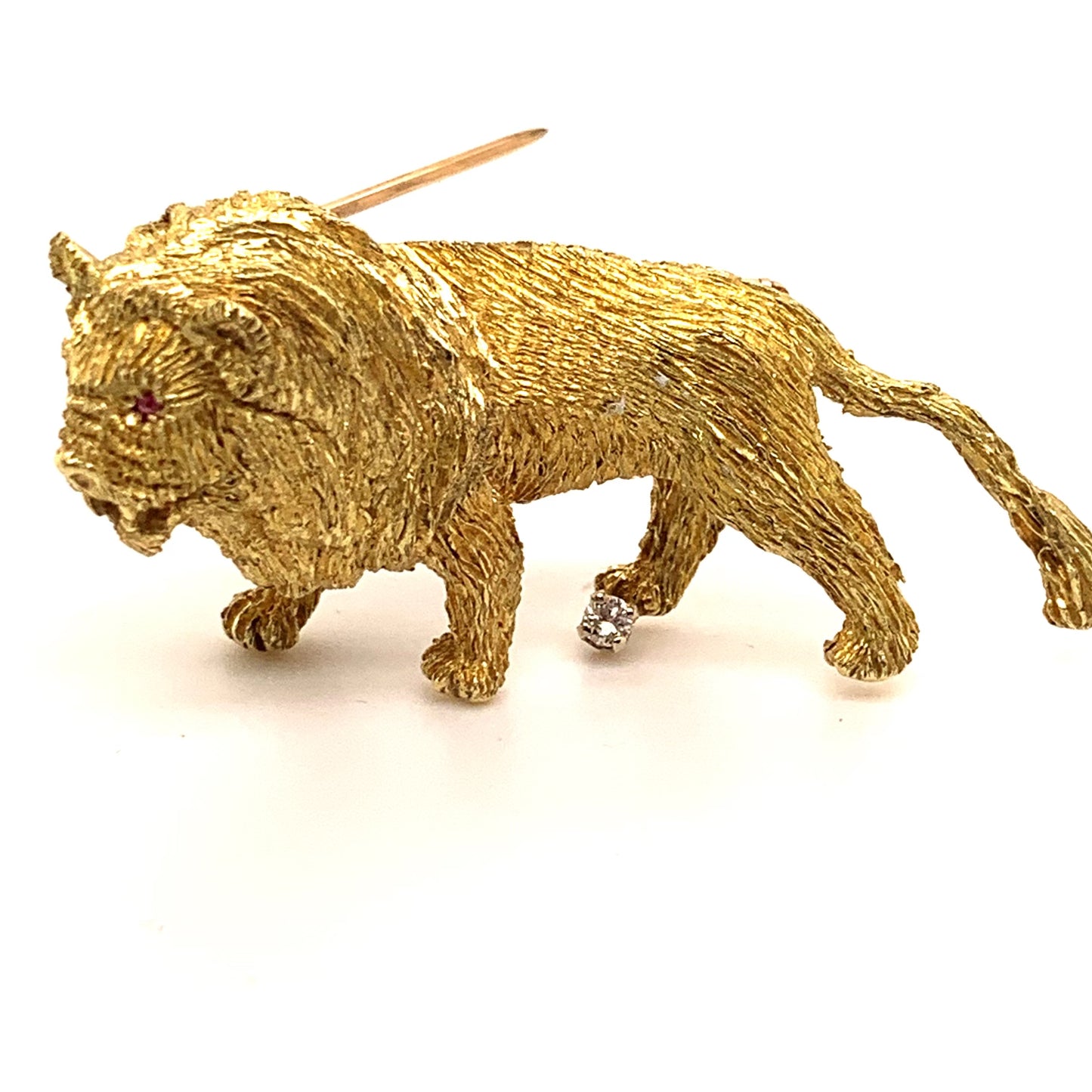 Vintage 18K Diamond and Ruby Golden Lion Brooch