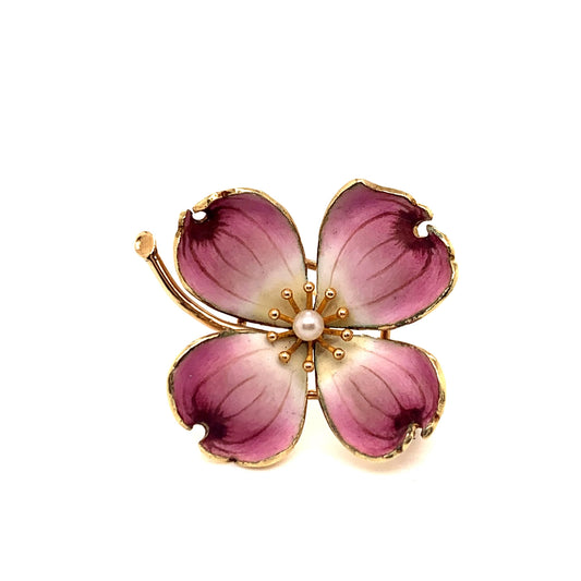 Retro Gold Enameled Flower with Pearl Brooch