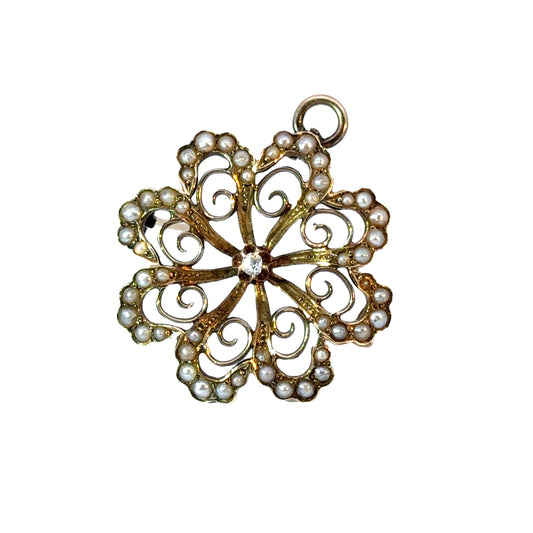 Victorian 14K Rose Gold & Seed Pearls Sunburst Brooch/Pendant