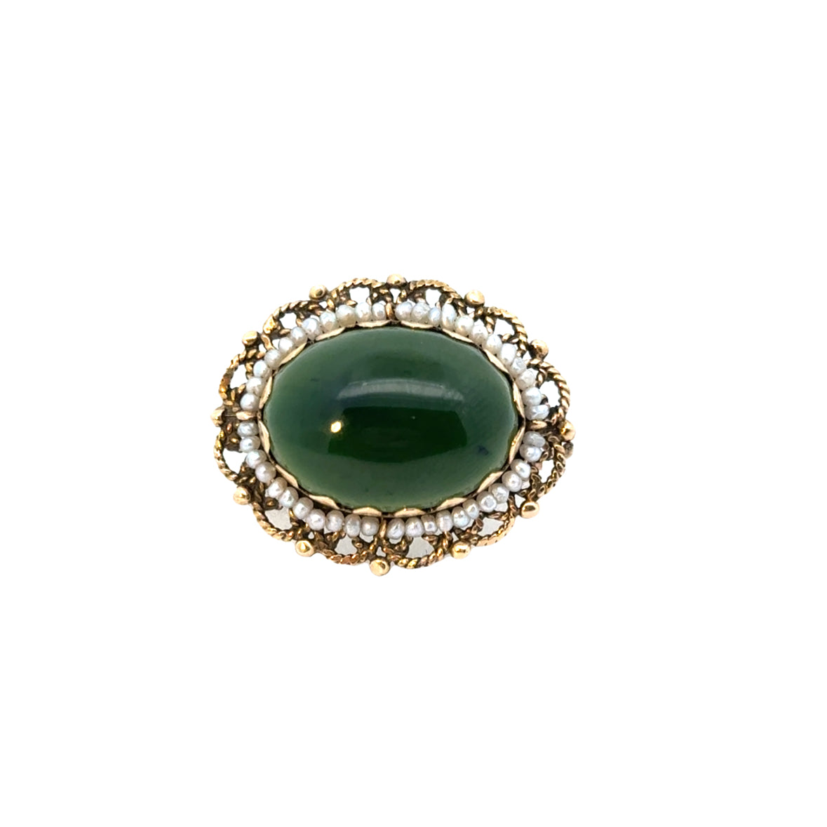 14K Yellow Gold Jade & Seed Pearls Antique Brooch/Pendant