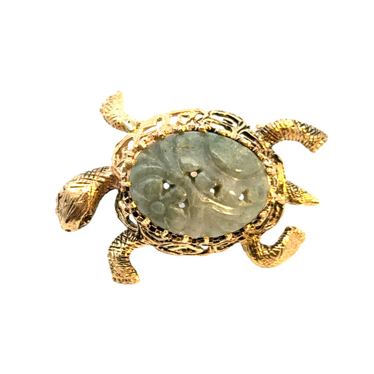 14K Yellow Gold & Jade Turtle Brooch