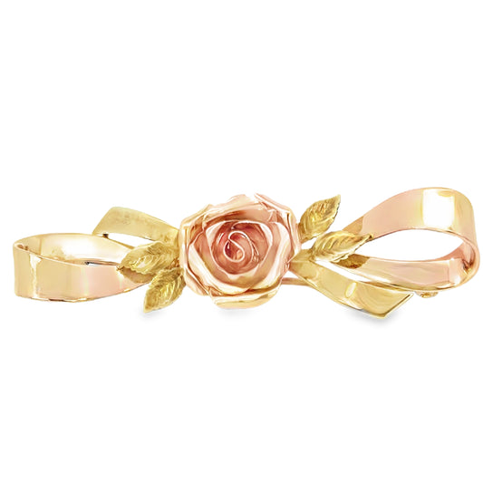 14K Rose & Yellow Gold Rose Flower & Bow Brooch