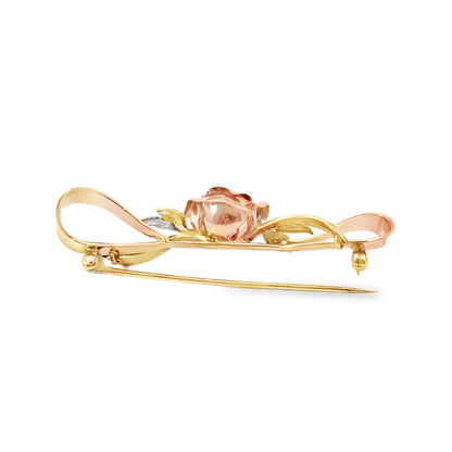 14K Rose & Yellow Gold Rose Flower & Bow Brooch