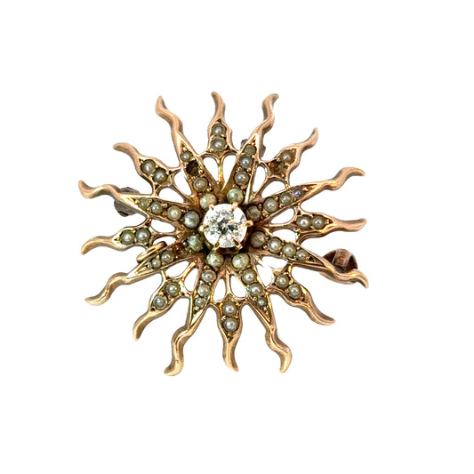 Victorian Rose Gold Seed Pearls & Diamond Sunburst Brooch/Pendant