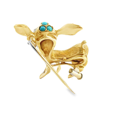 18K Yellow Gold Turquoise & Ruby Delicate Fawn Brooch