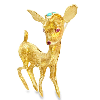 18K Yellow Gold Turquoise & Ruby Delicate Fawn Brooch